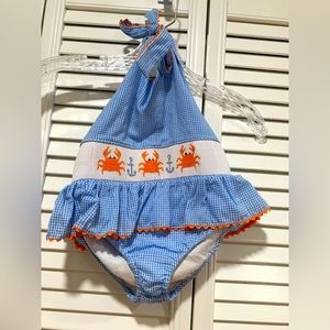 Posh Pickle Blue Gingham Smocked Crabs Girls 4T Excellent Condition